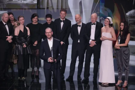 SENTIMENTAL VALUE crew: Joachim Trier, Renate Reinsve, Eskil Vogt, Stellan Skarsgård, Megan Everett-Skarsgard, Jørgen Stangebye Larsen and guests